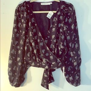 Astr navy blue floral print crop tie-back blouse
